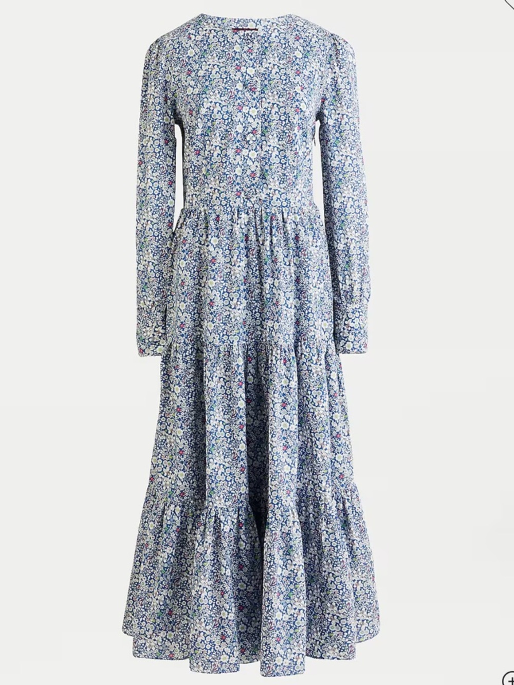 J Crew Liberty Floral Blue Floral Tiered Long-Sleeve Maxi Dress June's Meadow
